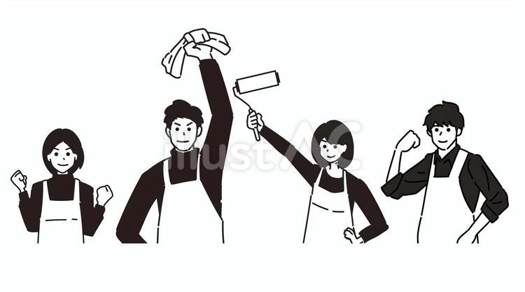 掃除にやる気を見せるエプロン姿の人たち 男性,女性,笑顔のイラスト素材