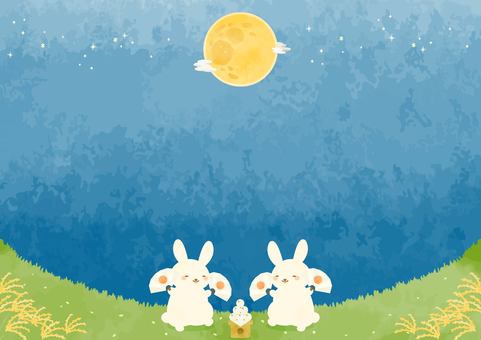 お月見を楽しむウサギたちの風景イラスト お月見,ウサギ,満月,秋,背景,風景,動物,植物,ススキ,自然のイラスト素材