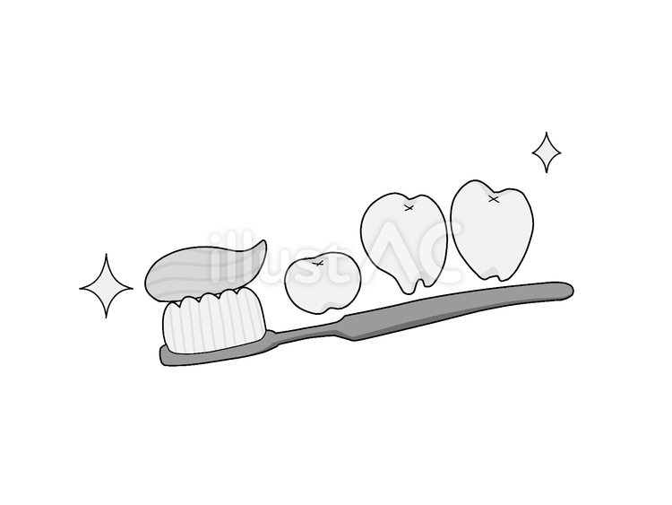 虫歯予防のイラスト　歯と歯ブラシ　白黒 歯,歯ブラシ,ハミガキのイラスト素材