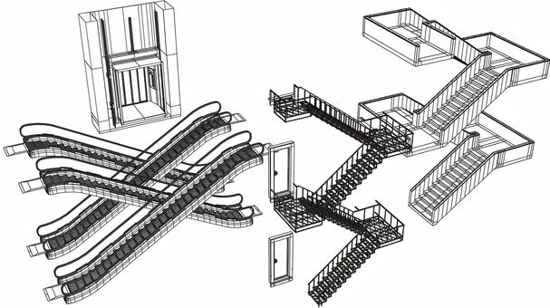 昇降設備 階段,エレベータ,エスカレータ,非常階段,線画,階,階層,ステップ,昇る,降りるのイラスト素材