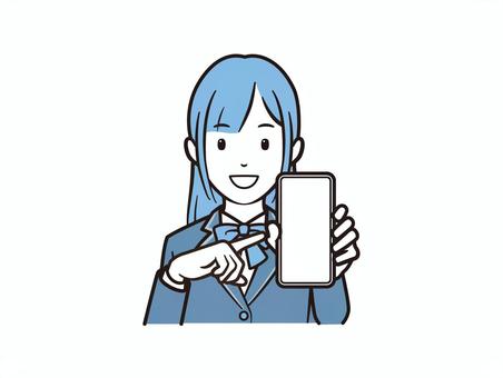 スマホを指差す笑顔のブレザー女子 スマホ,スマートフォン,学生,女子学生,ブレザー,リボン,高校生,中学生,携帯電話,モバイルのイラスト素材