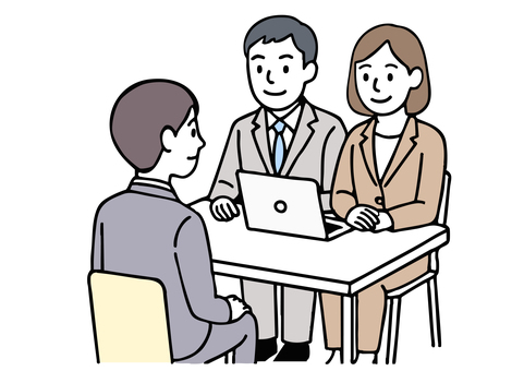 ノートパソコンで面接を行う男女スタッフ 面接,面談,新卒,採用,人材,hr,ヒューマンリソース,人事,人事課,試験のイラスト素材