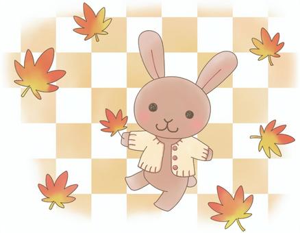 うさぎさんと紅葉 うさぎ,もみじ,紅葉,格子模様,秋,動物,かわいい,ほのぼの,手描きのイラスト素材