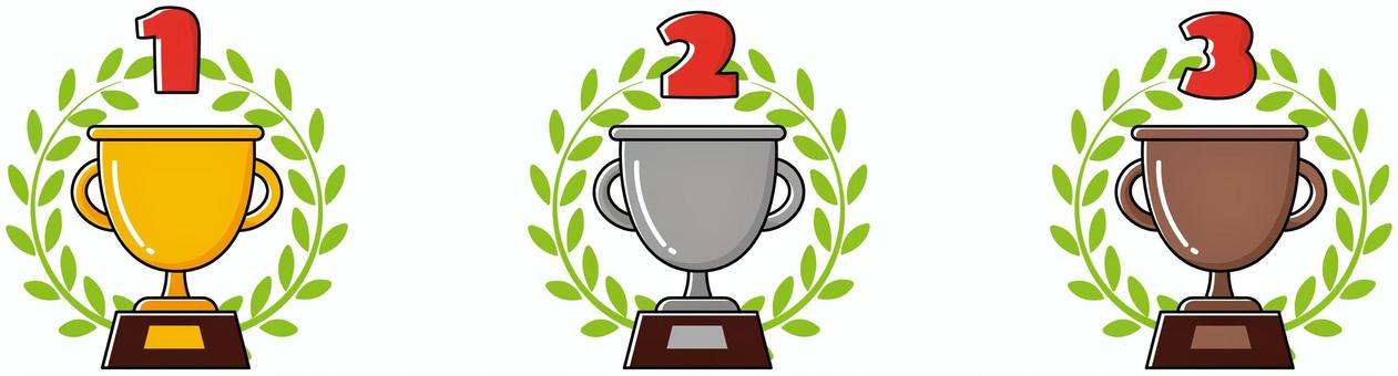 トロフィーAと月桂樹と順位 トロフィー,優勝,月桂樹,１位,2位,３位,ベクター,カップ,賞,ランキングのイラスト素材