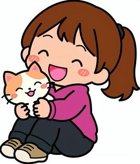 赤の猫好きの女子です。 猫,女子,シンプル,子供,動物,猫好き,ペット,仲良し,ほのぼの,赤のイラスト素材