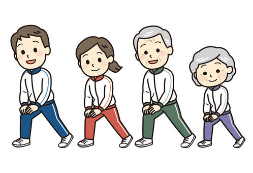 ストレッチする家族 ストレッチ,家族,準備体操,男女,ジャージ,夫婦,シニア,おとうさん,おかあさん,おじいちゃんのイラスト素材