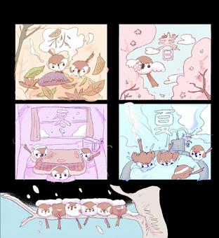 春夏秋冬スズメ スズメ,可愛い,デフォルメ,春夏秋冬,おしくらまんじゅうのイラスト素材