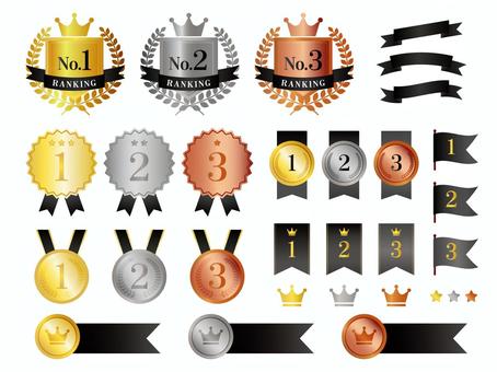 ランキング・メダル素材セット ランキング,メダル,バッジ,1位,2位,3位,金,銀,銅,王冠のイラスト素材
