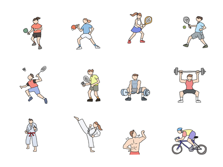 スポーツいろいろ② スポーツ,運動,球技,陸上,卓球,テニス,重量挙げ,空手,ボディービル,自転車のイラスト素材