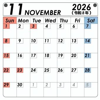 2026年11月　カレンダー 11月,カレンダー,2026年,スケジュール,予定表,シンプル,英語のイラスト素材