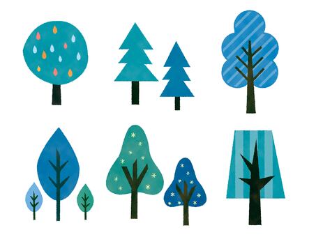 冬の木セット 木,冬,北欧,セット,水彩,手描き風,葉,葉っぱ,シンプル,可愛いのイラスト素材