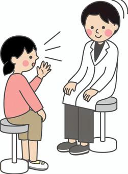 対面で話す女の子と頷く白衣の男性 女の子,全身,話す,説明,相談,悩み,身振り,カウンセリング,手振り,男性のイラスト素材