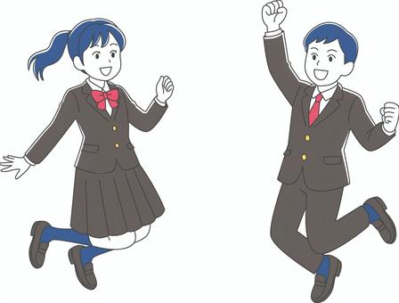 向かい合ってジャンプする学生 ジャンプ,飛ぶ,躍動,元気,学生,やる気,女子,男子,少年,男の子のイラスト素材