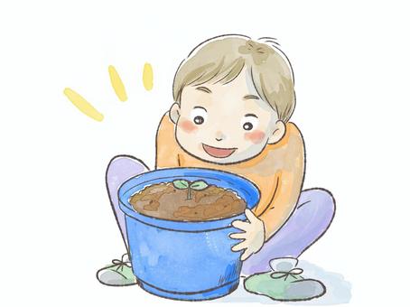 発芽して喜んでいる男の子 水彩,男の子,発芽,芽,植物,嬉しい,笑顔,小学生,子ども,幼稚園のイラスト素材