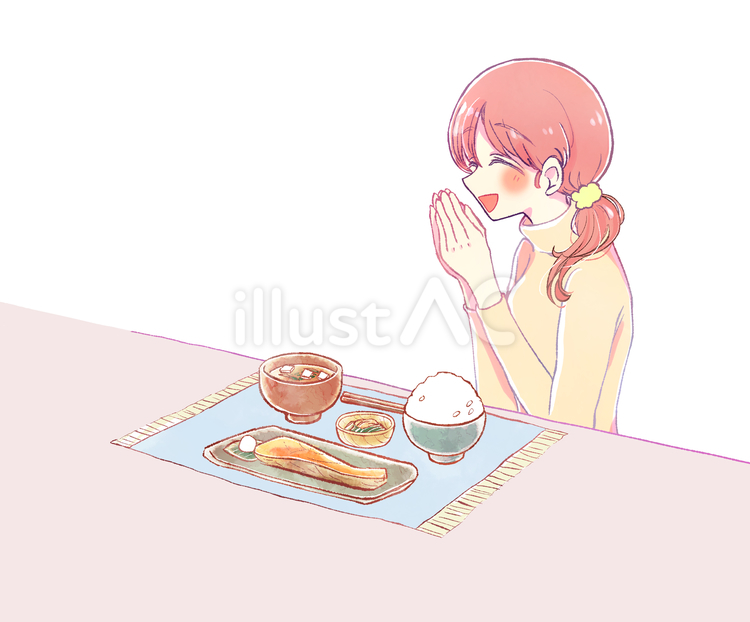 ごはんを前にいただきますをする女性 いただきます,女性,ごはんのイラスト素材
