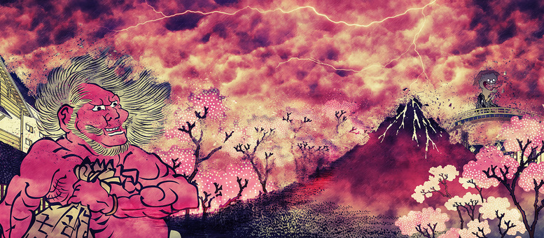 浮世絵コラージュ　鬼と富士山 浮世絵,オニ,富士山,稲光,稲妻,妖怪,桜,和柄,日本,和風のイラスト素材