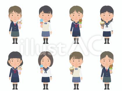 クレープとアイスクリームを食べる女子高生