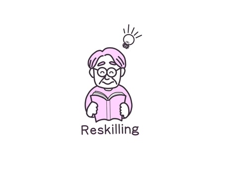 リスキリングに励むシニア男性（ピンク） シニア,高齢者,生涯学習,学び直し,リスキリング,セカンドキャリア,おじいちゃん,定年後,スキルアップのイラスト素材