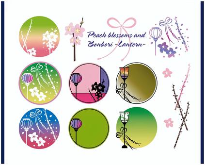 ロマンチック和素材～桃と雪洞2 桃,ぼんぼり,行燈,灯,和,和風,リボン,アイコン,伝統,節句のイラスト素材