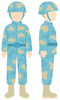 迷彩服（青）正面・側面 迷彩服,ヘルメット,上着,ズボン,ブーツ,ベルト,自衛官,自衛隊,サバイバルゲーム,サバゲーのイラスト素材