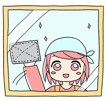 桃色の女の子が窓ふきしている ピンク,かわいい,手描き,窓ふき,掃除,大掃除,清掃,家事,ガラス掃除,拭き掃除のイラスト素材