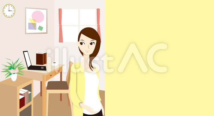 部屋女性201701-E黄色 部屋の中,寮,ルームシェアのイラスト素材
