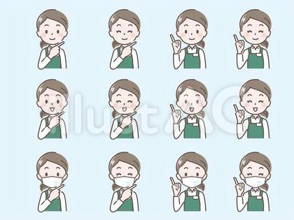 白シャツエプロン姿の女性指差し