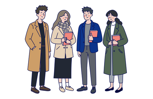 秋冬服の大学生グループのイラスト02 人物,男女,大学生,学生,若者,グループ,友達,青春,秋,冬のイラスト素材