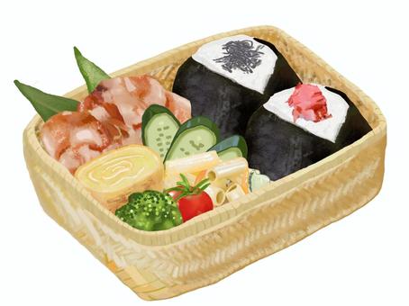 おにぎり弁当（竹製弁当箱5） おにぎり,おむすび,弁当,竹製,弁当箱,お弁当,唐揚げ,マカロニサラダ,トマト,きゅうりのイラスト素材