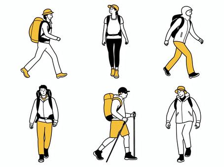 山歩き・山登りする人たち 山歩き,山登り,登山,ハイキング,アウトドア,リュック,帽子,レインウエア,ストック,健康のイラスト素材