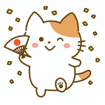 日の丸の扇子を広げて踊る猫と紙吹雪 扇子,日の丸,猫,子猫,持つ,笑顔,紙吹雪,華やか,舞う,喜びのイラスト素材