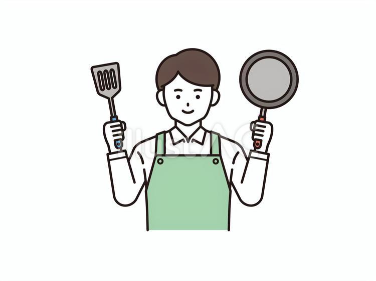 料理をするエプロン姿の男性（カラー） 笑顔,人物,上半身のイラスト素材