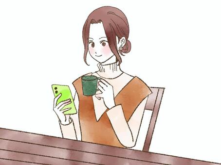 カフェでスマホを見る女性　秋冬 女性,水彩,カフェ,スマホ,秋,冬,リラックス,くつろぐ,喫茶店,コーヒーのイラスト素材