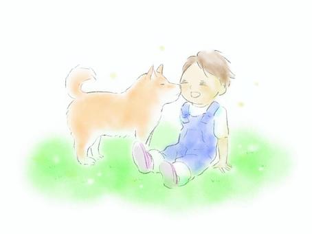 Illustration, child, dog, shiba inu, 