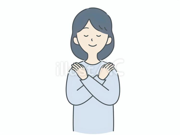 自分をハグして心を落ち着ける女性：寒色 メンタルヘルス,セルフケア,自己受容のイラスト素材