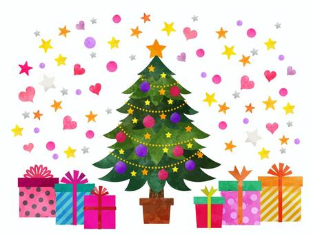クリスマスツリーとプレゼントと星02 クリスマス,ツリー,木,クリスマスツリー,おしゃれ,プレゼント,箱,リボン,冬,デコレーションのイラスト素材