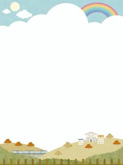 水彩風秋の田舎風景のフレーム縦 秋,フレーム,紅葉,街並み,季節,丘,村,田舎,建物,枠のイラスト素材