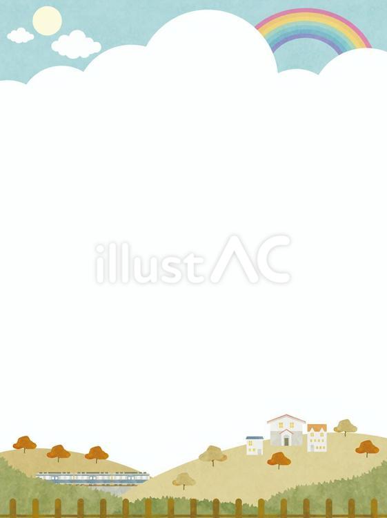 水彩風秋の田舎風景のフレーム縦 秋,フレーム,紅葉のイラスト素材