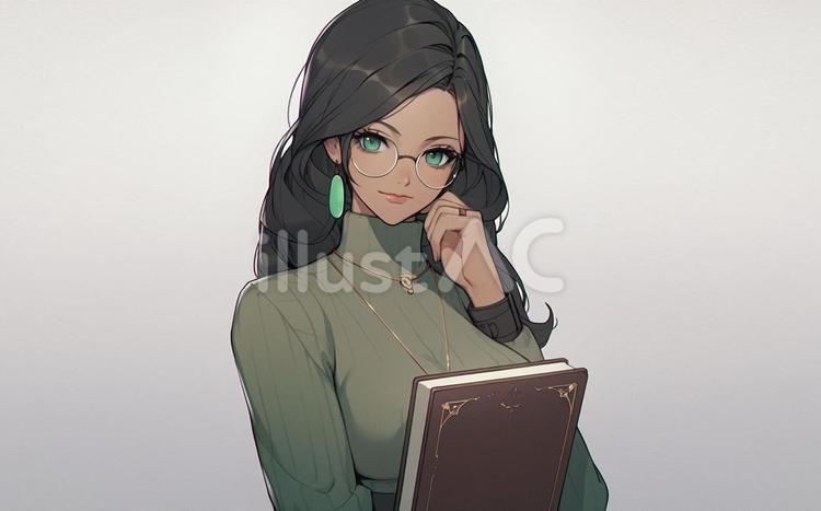 知的に微笑むメガネをかけた女性　アニメ調 女性,本,読むのイラスト素材