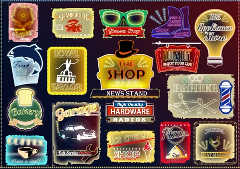 L-0146 デザイン：ショップネオン 魚屋,電気屋,仕立屋,本屋,花屋,眼鏡屋,店,店舗,商店,専門店のイラスト素材