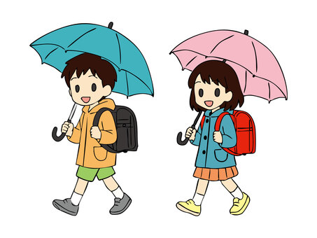 雨の日に登校する小学生 小学生,傘,雨の日,雨,登校,下校,通学,学校,学校生活,児童のイラスト素材