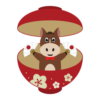 年賀素材 午年 お椀から飛び出す馬 馬,年賀状,2026,午,正月,年賀,お椀,パーツ,ワンポイント,かわいいのイラスト素材