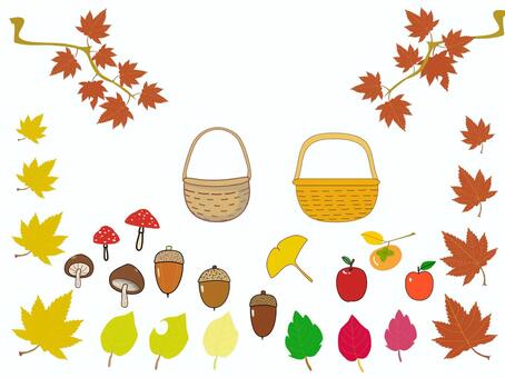 秋の葉っぱと収穫籠 秋,葉っぱ,籠,カゴ,紅葉,もみじ,モミジ,どんぐり,団栗,きのこのイラスト素材