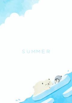 シロクマとペンギンとのどかな海の背景 夏,背景,動物,風景,海,シロクマ,ペンギン,かわいい,氷,デフォルメのイラスト素材