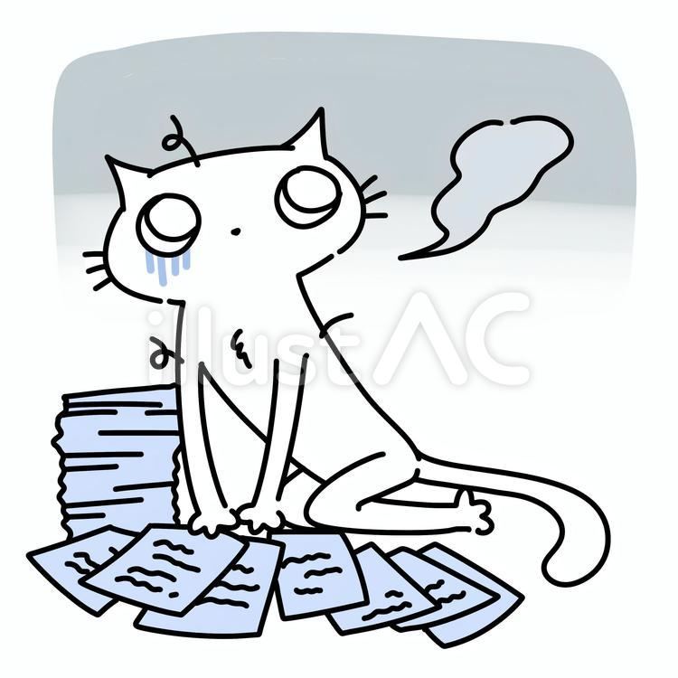 書類の整理で疲れる ねこ,動物,かわいいのイラスト素材