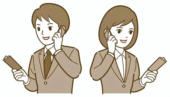 手帳を見ながら通話する男性・女性社員 女性,男性,人物,男女,ビジネス,シンプル,アイコン,オシャレ,かわいい,人のイラスト素材