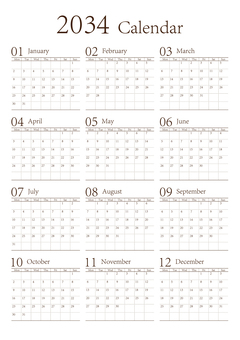 月曜始まりの年間カレンダー2034年A4 カレンダー,月曜始まり,2034,2034年カレンダー,年間,1年,2034カレンダー,1月,2月,3月のイラスト素材