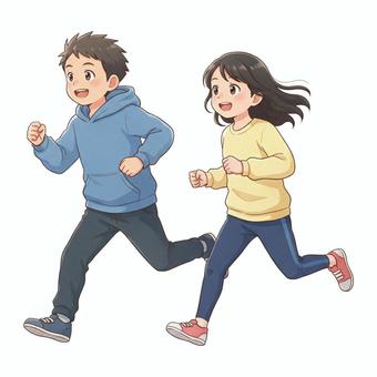 アニメ風の走る小学生の男の子と女の子