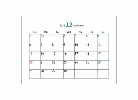 カレンダー　12月　2026 カレンダー,12月,december,2026年,令和8年,月間カレンダー,卓上カレンダー,シンプル,曜日,日付のイラスト素材