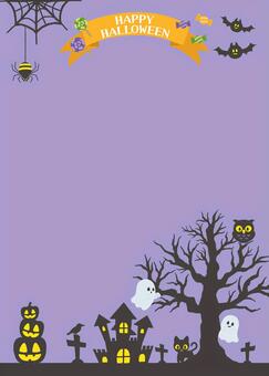 イラスト背景：ハロウィン森と洋館_A4縦 ハロウィン,背景,フレーム,手書き,ジャックオーランタン,a4,縦,カット,デフォルメ,テキストエリアのイラスト素材